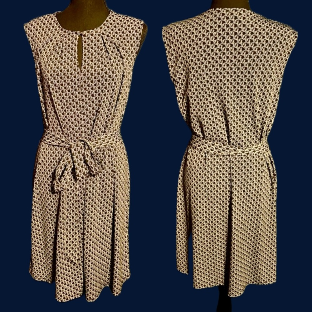 H&M Navy Blue/White print belted dress sz M-L